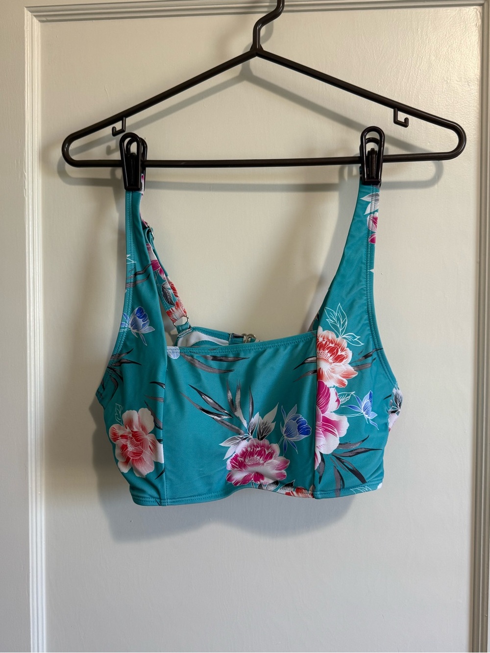 Hapari Teal Floral Scoop-Back Sports Swim Bra
